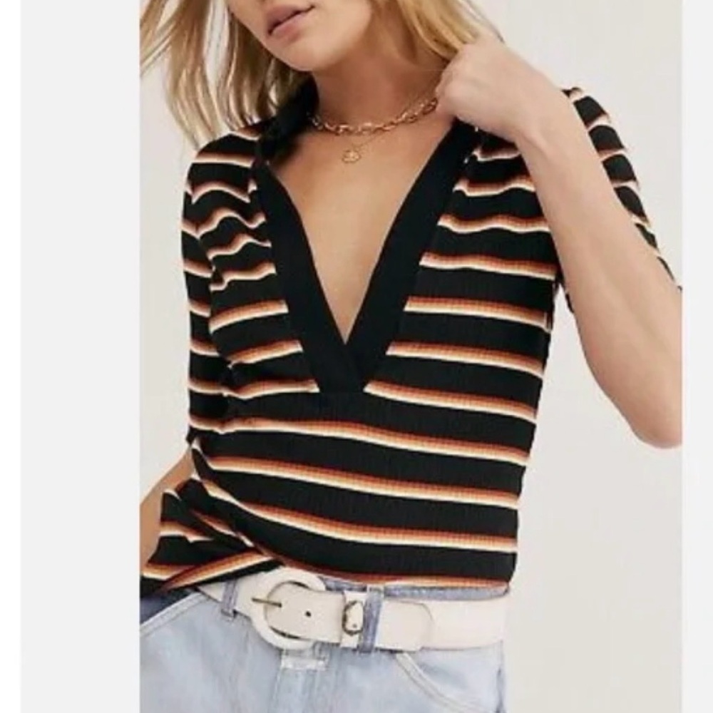 Free People Black Striped Short Sleeve V-Neck Tee
